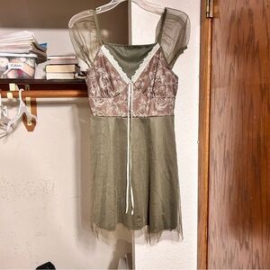 whimsy goth olive green cottage core floral mini dress